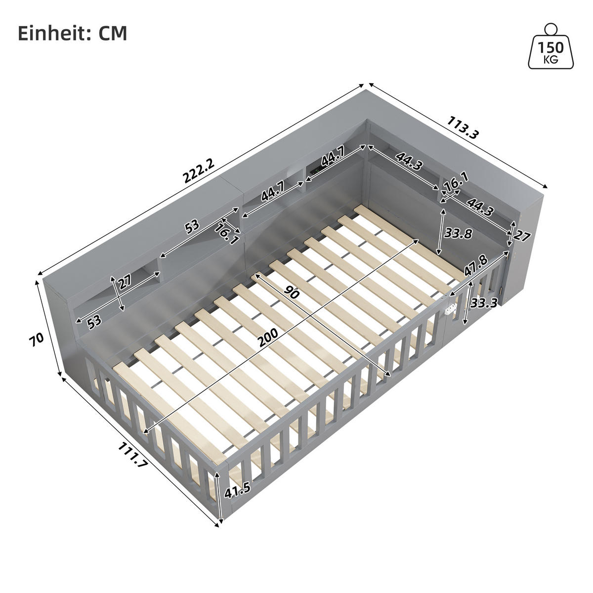 DAYBETT 90/200 cm Grau mit Staufach und USB-Anschlüssen aus Spanplatte - Grau, Holzwerkstoff (90/200cm) - OKWISH