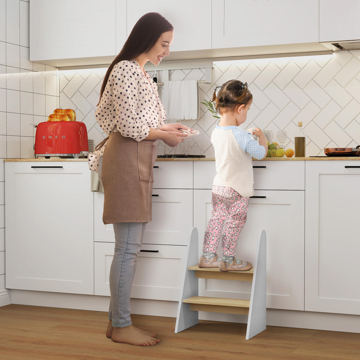 KINDERTRITTHOCKER DE-17238 2-stufig, rutschfest Weiß - Weiß, Naturmaterialien (30/55/43cm) - ComfortXL