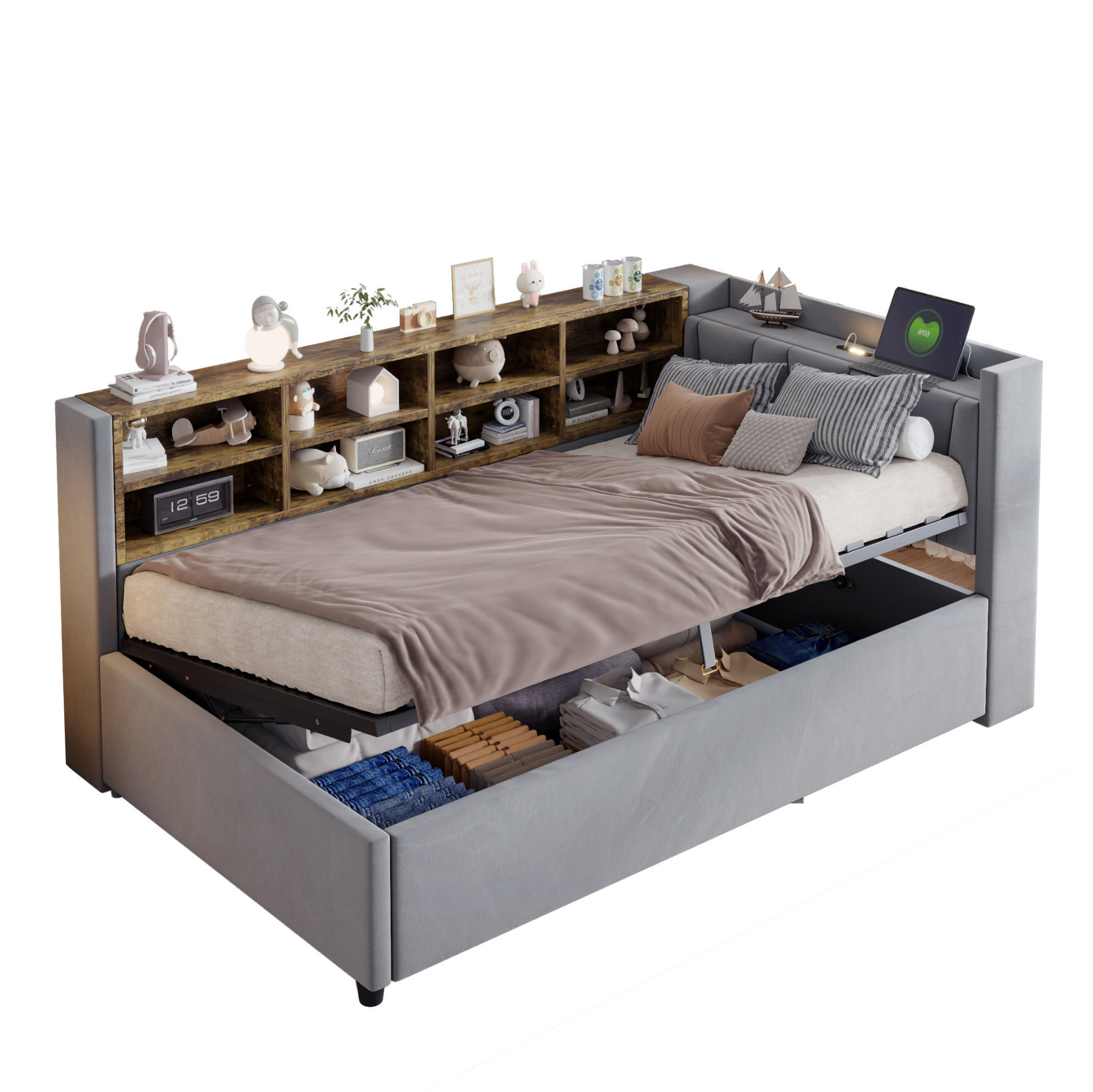 Modfu ČALOUNĚNÁ postel ze sametu 90x200 cm světle šedá s LED osvětlením, USB, USB-C a hydraulickým úložným prostorem