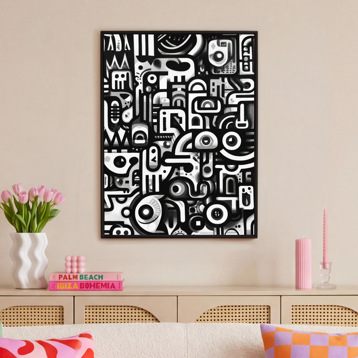 LEINWAND Bilder mit Rahmen - Symbole - Abstrakt - Grafik - Schwarz - 70x100 - Schwarz, Textil (70/100cm) - MuchoWow