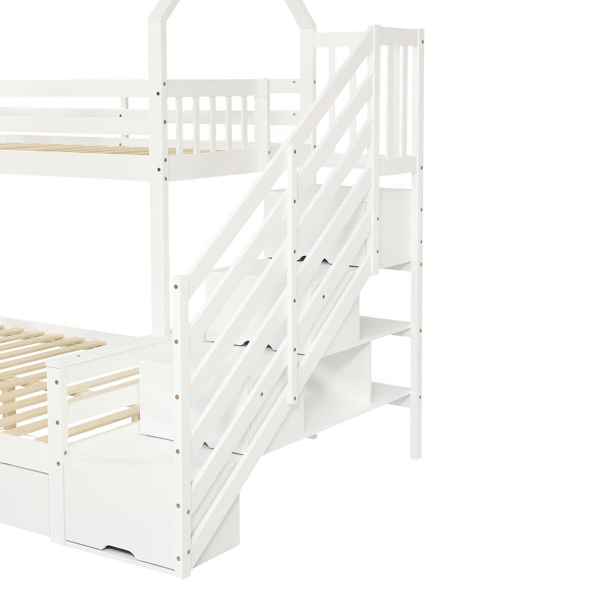 ETAGENBETT 90/200 cm & 140/200 cm in Weiß mit 2 Schubladen, Treppenschrank und Dachdesign - Weiß, Holz/Holzwerkstoff (140/200cm) - CHICFURN