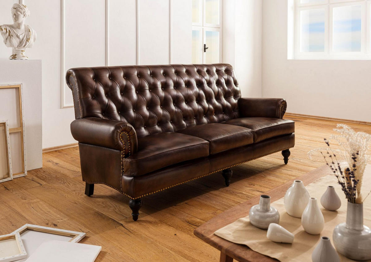 SOFA 3-Sitzer Echtleder 196x84x94 braun CHESTERFIELD #107 - Braun, Leder (196/94/84cm) - Massivmoebel24