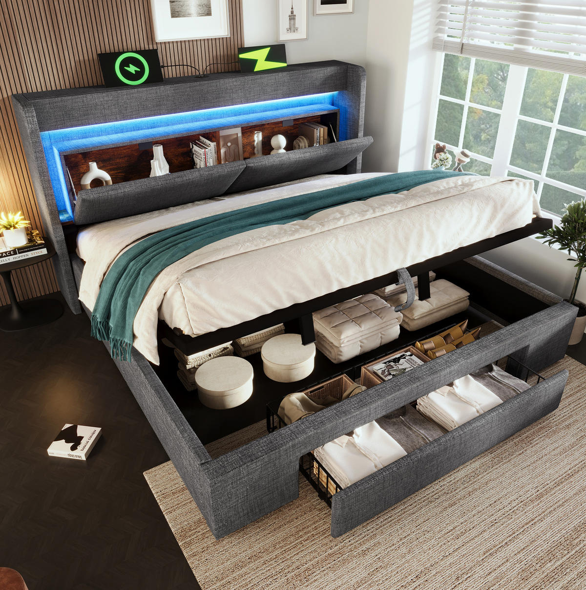 POLSTERBETT mit Stauraum, LED und USB 140x200 cm Leinen Grau - Grau, Metall (140/200cm) - Meubliv