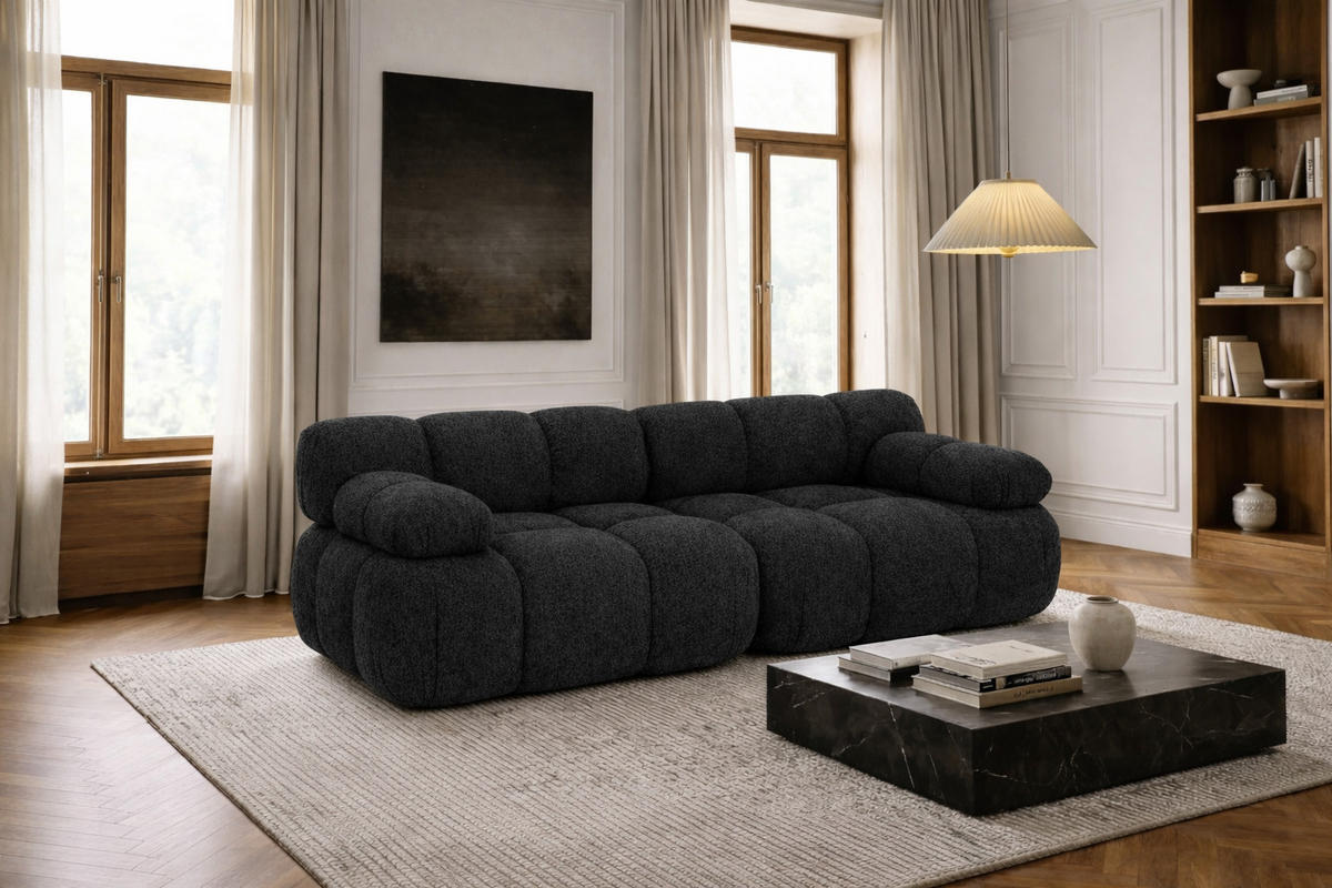 COUCH, 2-Sitzer Modular, Bouclé-Stoff Abriamo, Graphit, Selia - Graphitfarben, Holz (190/70/95cm) - Kaiser Möbel