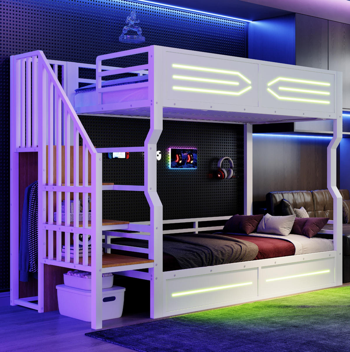 VÝŠKOVÁ posteľ 90/200 cm biela s LED osvetlením, úložnými schodmi a skriňou z MDF a kovu - biela, kompozitné drevo (90/200cm) - OKWISH