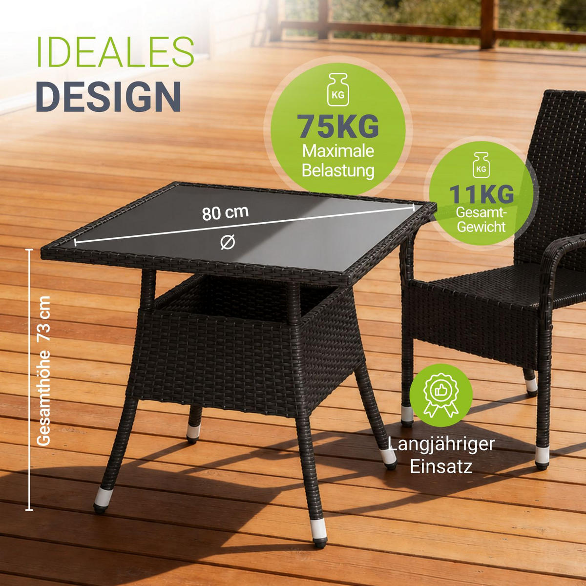 GARTENTISCH Yoro schwarz 80x80 cm - Schwarz, Kunststoff (80/80/73cm) - Juskys