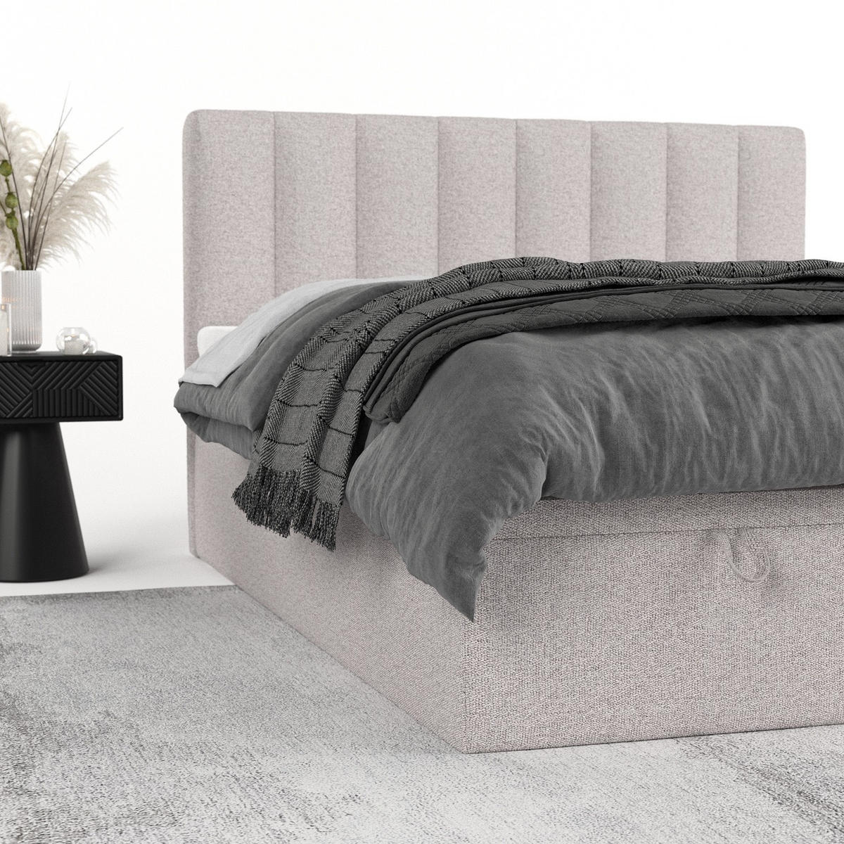 BOXBETT Lume 180/200 cm Beige im Riva Stoff - Beige/Schwarz, Holz/Holzwerkstoff (180/200cm) - AltaBeds