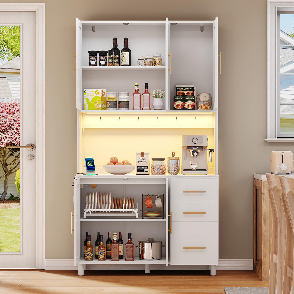 BUFFET 100/40/183 cm Weiß mit App-gesteuerte LED-Deko-Lichter 3 Schubladen - Weiß, Holz (100/183/40cm) - Oxeza