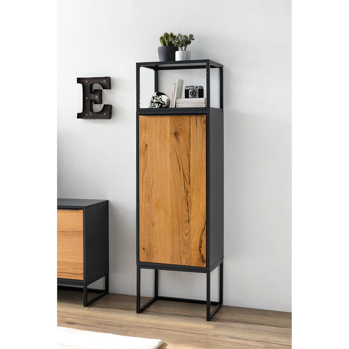 SCHRANK - Eiche / Anthrazit - Echtholzfurnier - Eichefarben/Anthrazit, Holzwerkstoff/Metall (50/165/40cm) - home24