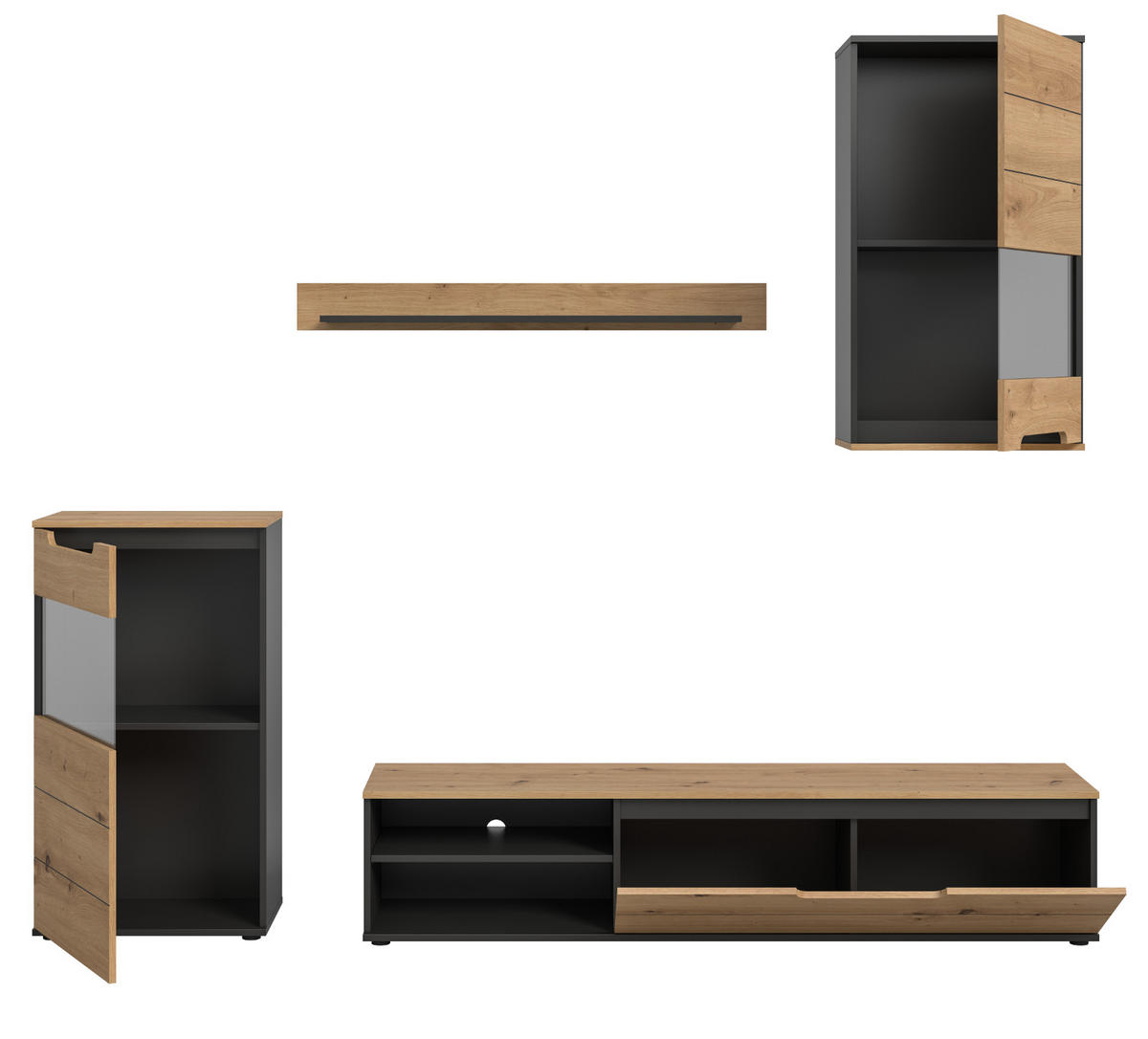 WOHNWAND Eiche Artisan, grau 4-teilig 246 cm, Schrankwand mit Soft-Close - Schwarz/Eiche Artisan, Glas/Holz (246/182/37cm) - Inn.Furn