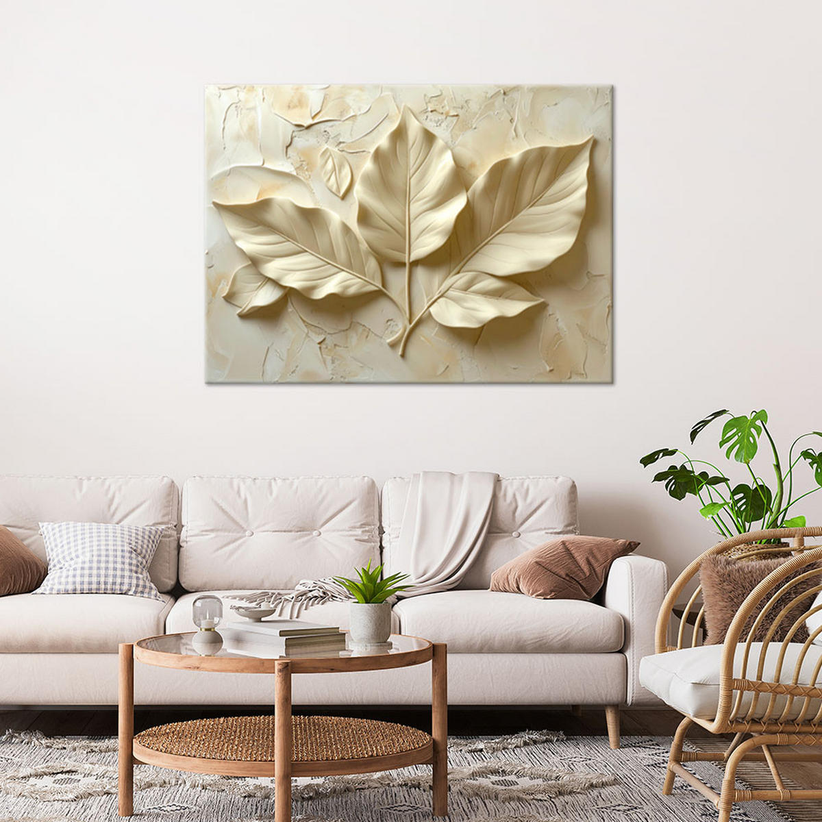 LEINWANDBILD, Beige Blätter in Reliefkomposition - Beige, Textil (60/40cm) - Feeby