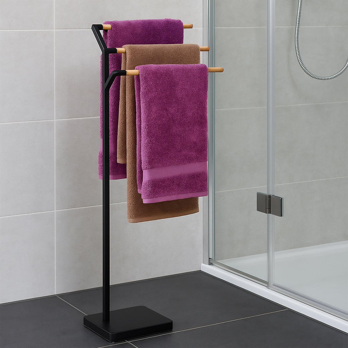 DRŽAČ ručnika - crna, drvo/metal (38.5/75/18cm) - Relaxdays