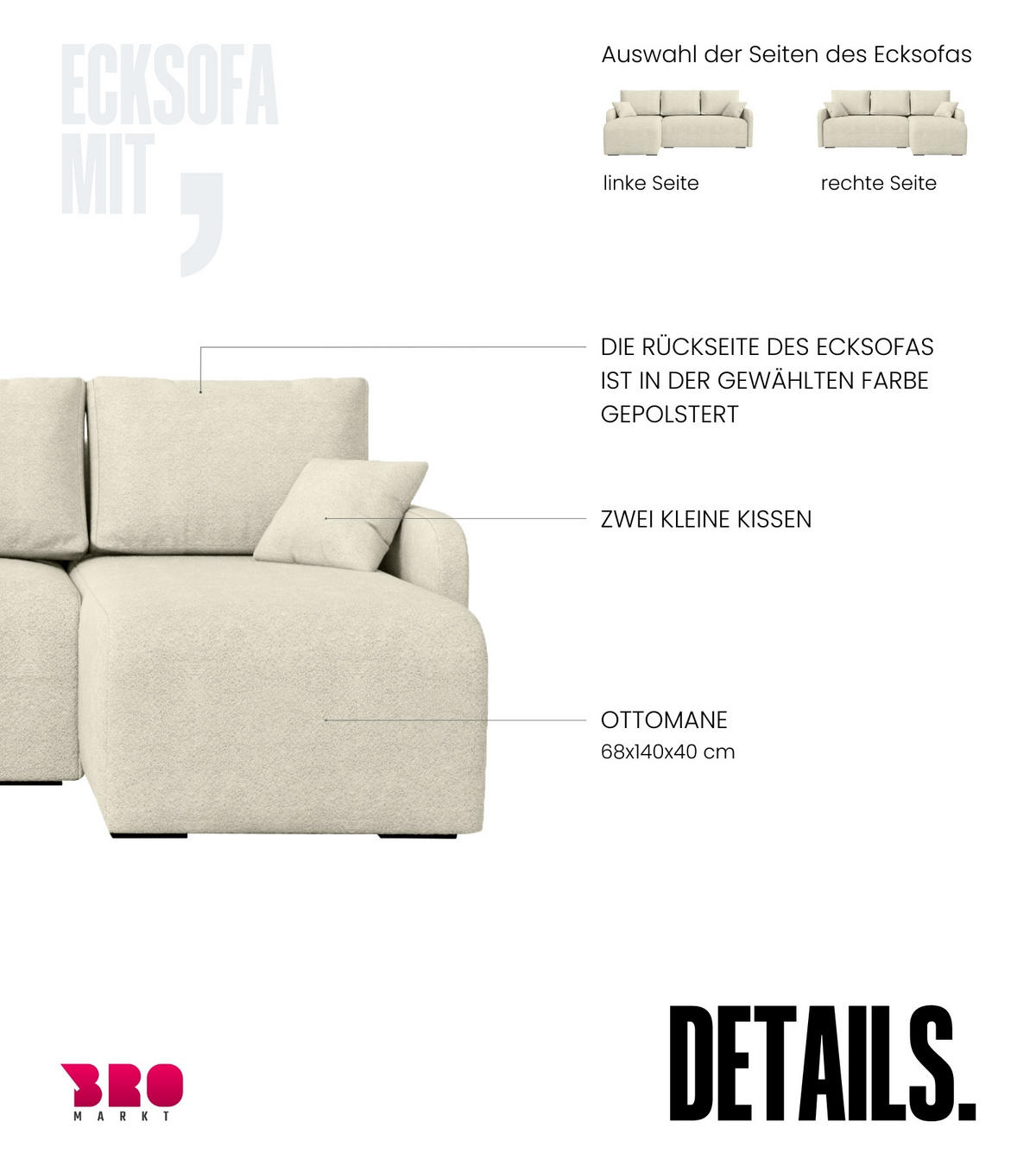 ECKSOFA Malen mit Schlaffunktion Beige Bouclé - Creme, Textil (215/141cm) - Bromarkt