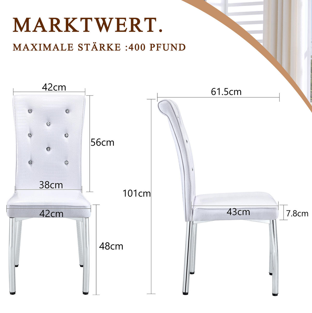 ESSZIMMERSTÜHLE mit Kristallknopf 2er-Set PVC Weiß Metallbeine - Silberfarben, Metall (42/101/61.7cm) - Meubliv
