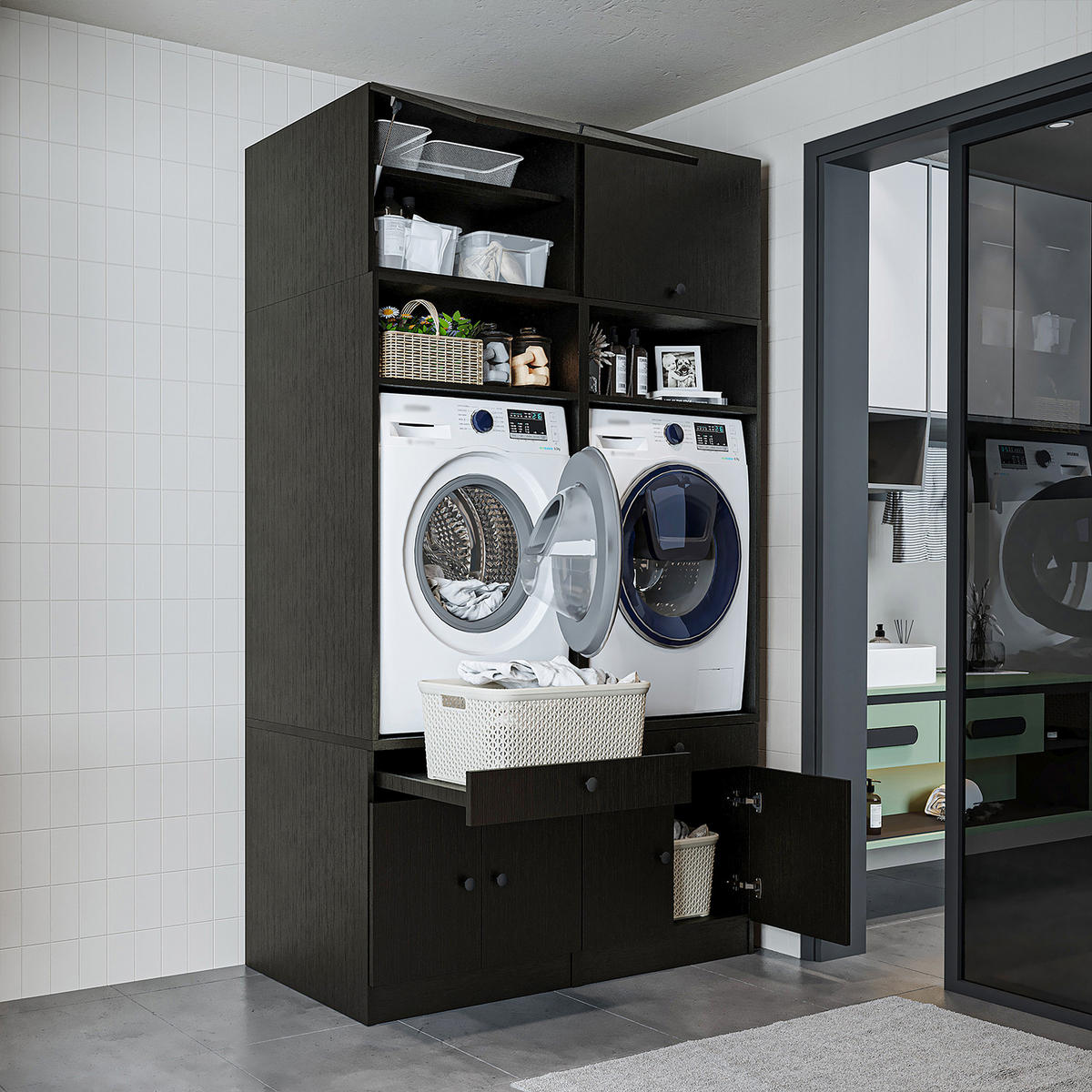 WASCHMASCHINENSCHRANK Serie 1 134cm Breit, 230cm Hoch - Schwarz, Holzwerkstoff (134/230/67cm)