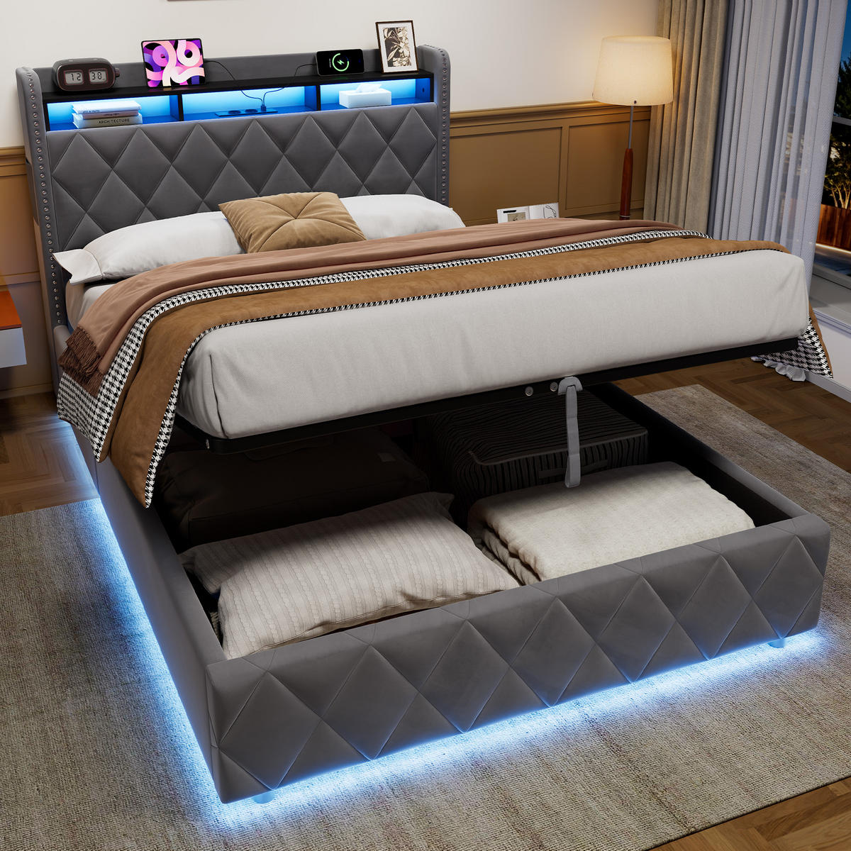 POLSTERBETT 140/200 cm Dunkelgrau mit LED & USB - Dunkelgrau, Textil (140/200cm) - Flora Grace