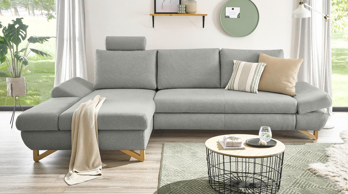 ECKSOFA hellgrau Velours, Wohnzimmer Sofa - Hellgrau, Holz/Textil (166/284cm) - Furn.Design