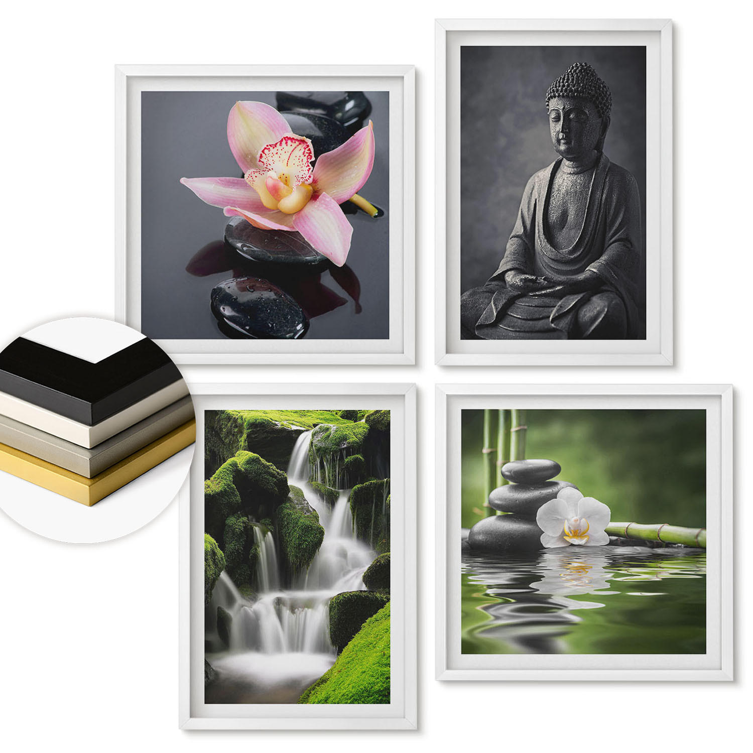 WANDBILDER 4er-Set - 50x50 cm & 40x60 cm Weißer Rahmen - Zen-Gemälde, Wassersteine, Buddha - Weiß, Kunststoff (50/50cm) - ArtPrintCave