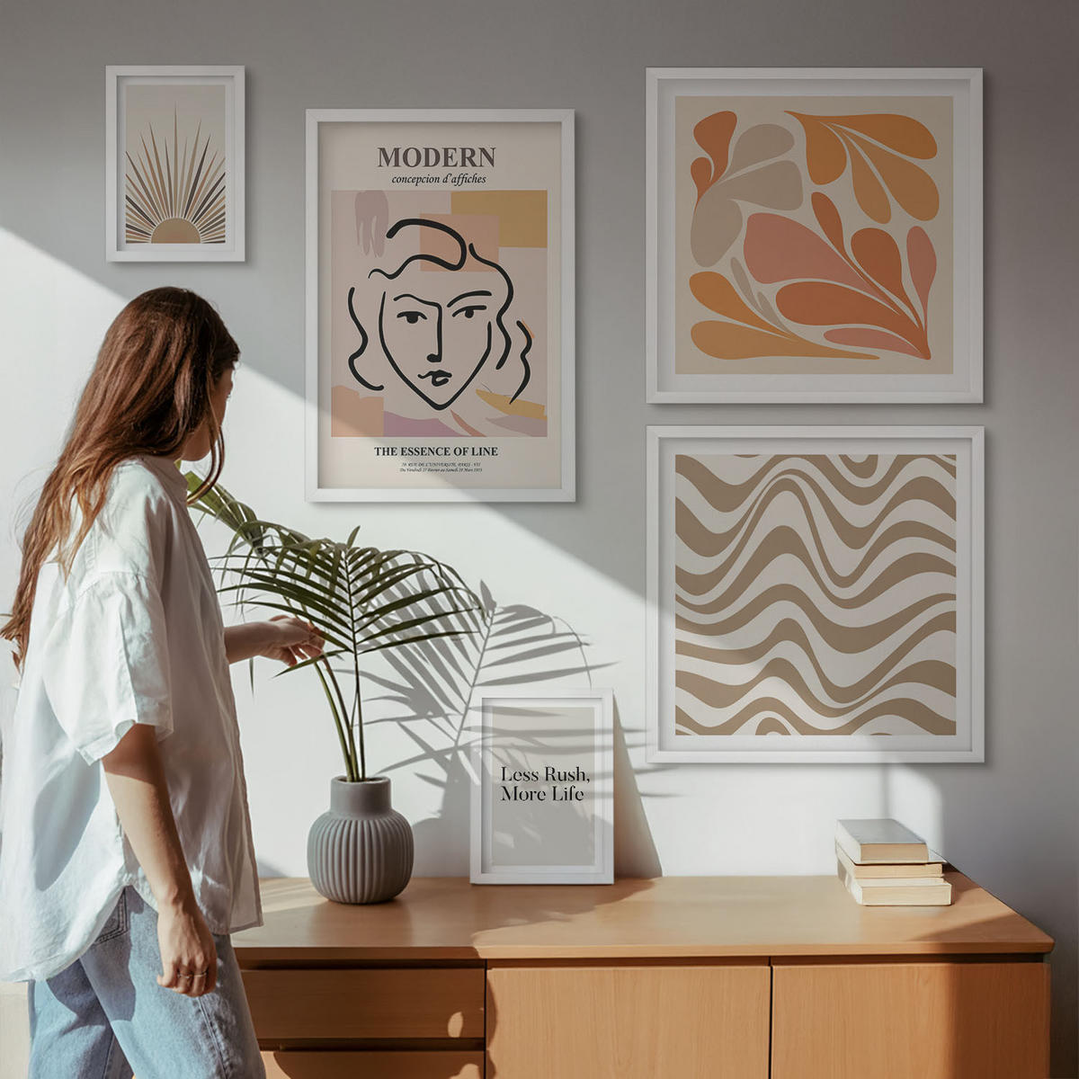 WANDBILDER 5er-Set - 50x50 cm & 20x30 cm & 40x60 cm Weißer Rahmen - Sonnen-Boho-Pastelltönen - Weiß, Kunststoff (40/60cm) - ArtPrintCave