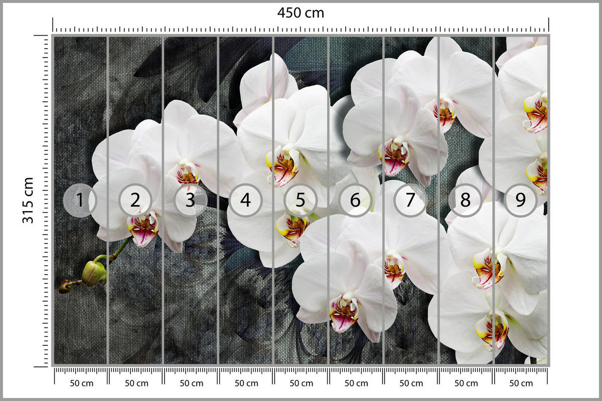 FOTOTAPETE für Schlafzimmer Weiße Orchideen Rustikales Hintergrund Floral 450x315 - Weiß/Grau, Papier (450/315cm) - Muralo