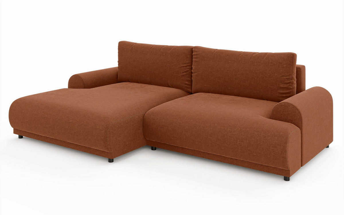 ECKSOFA mit Schlaffunktion, Bettkasten, extrabreite Ottomane links, abgerundete Armlehnen, B240/T145/H81 cm, Chenille Terracotta / 21024 - Terracotta/Schwarz, Kunststoff/Textil (240/145cm) - luma-home