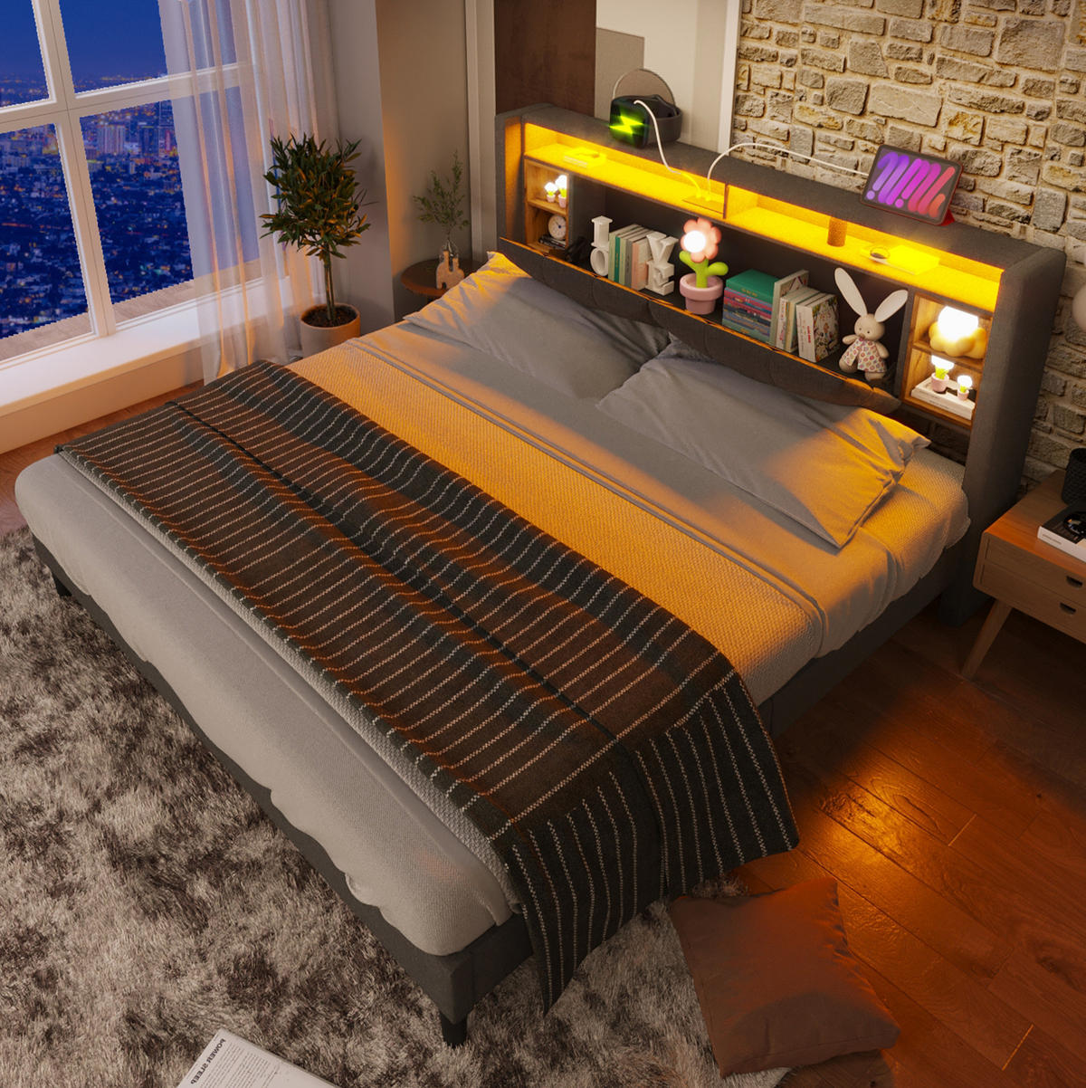POLSTERBETT aus Massivholz 140x200 cm in Grau mit LED & USB-Ladestation - Grau, Holz (140/200cm) - Modfu