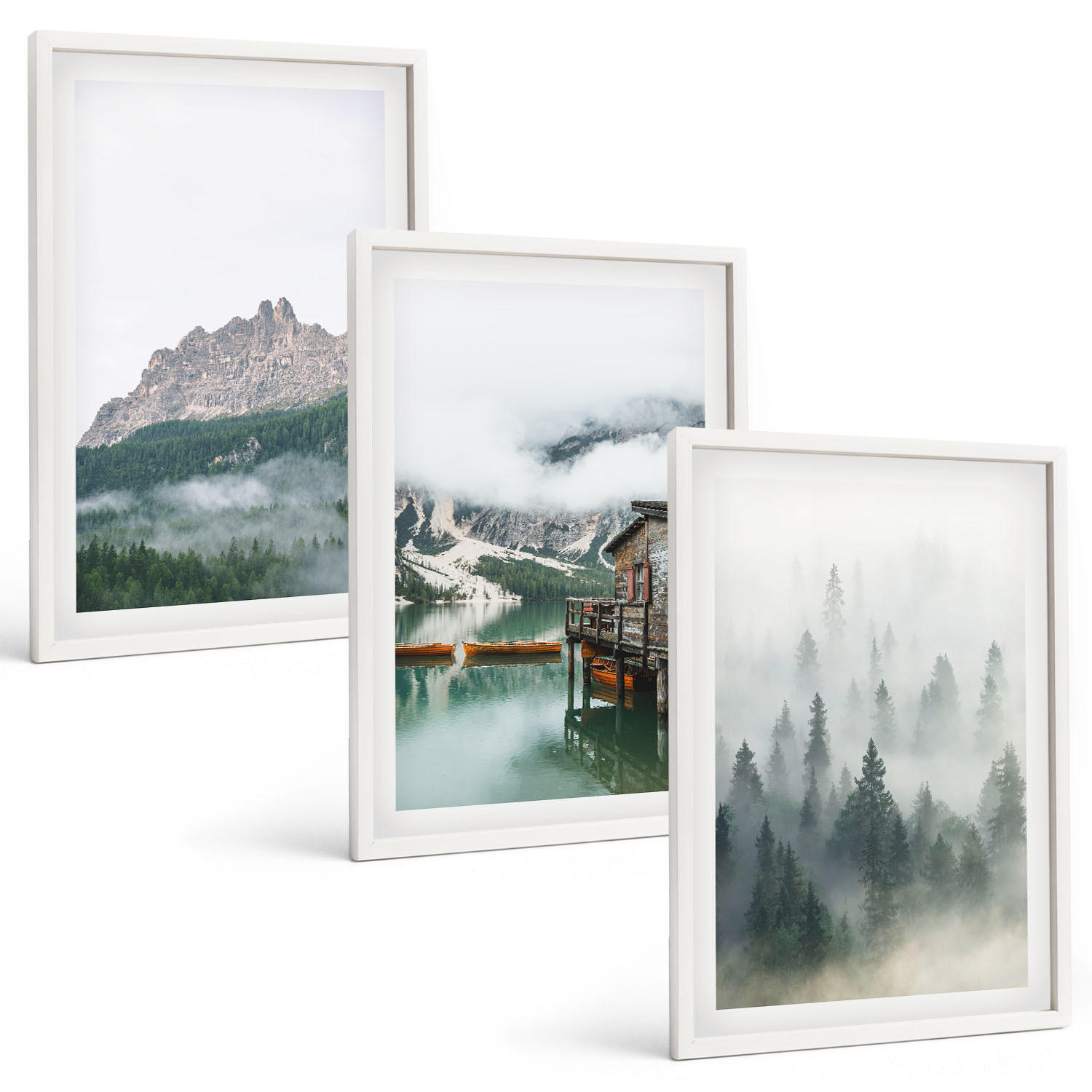 BILDER SET 3er Set - 40x60 cm Weißer Rahmen - Berge, See, Hütte, Nebel - Weiß, Kunststoff (40/60cm) - TULUP