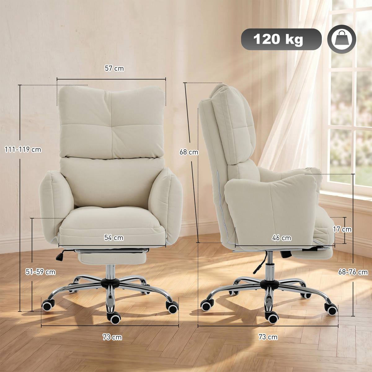 BÜROSTUHL Schwamm Stahl Cremeweiß - Creme, Textil/Metall (73/119/73cm) - HOMCOM