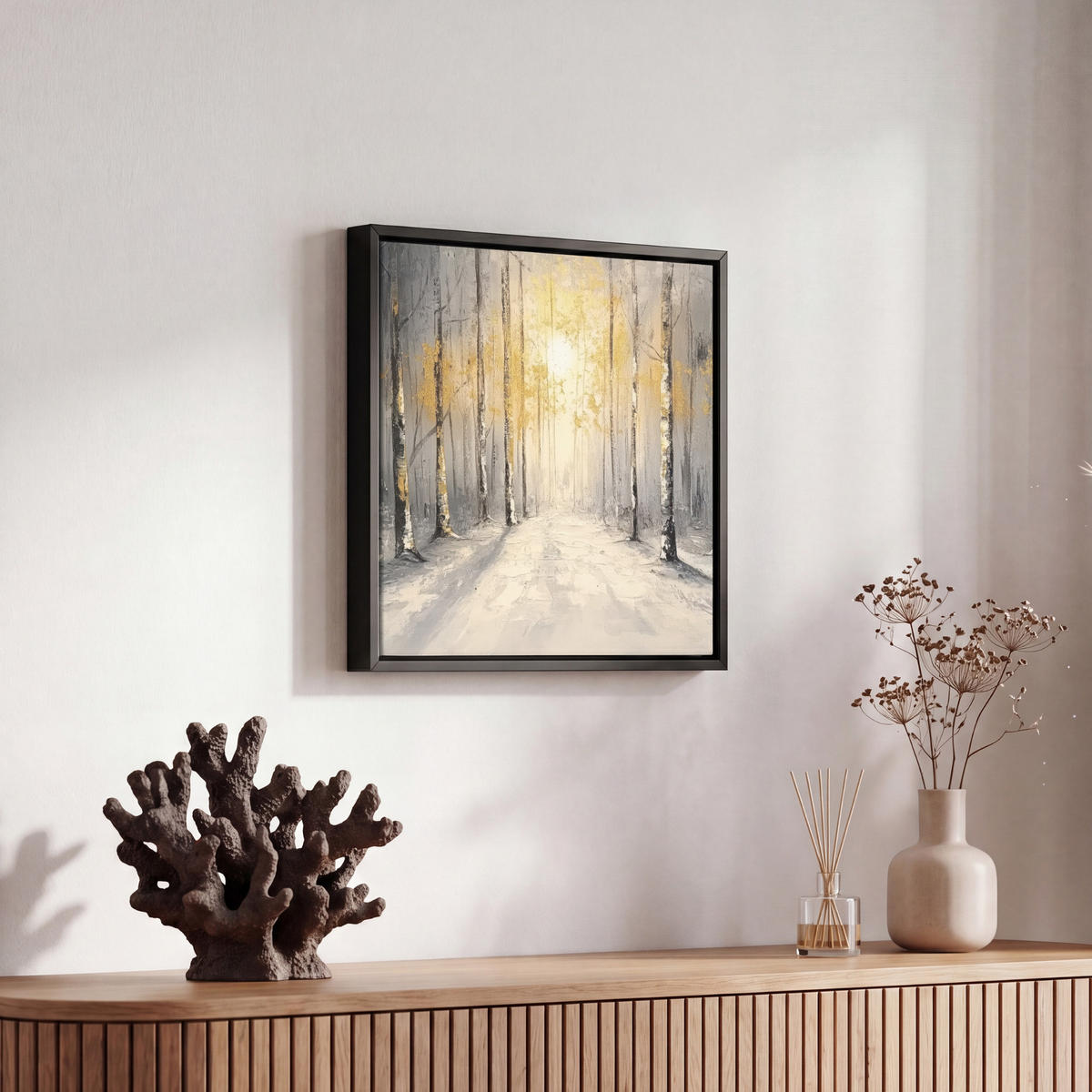 LEINWAND Bilder mit Rahmen - Winter - Abstrakt - Schnee - Natur - Sonne - 20x20 - Grau, Textil (20/20cm) - MuchoWow