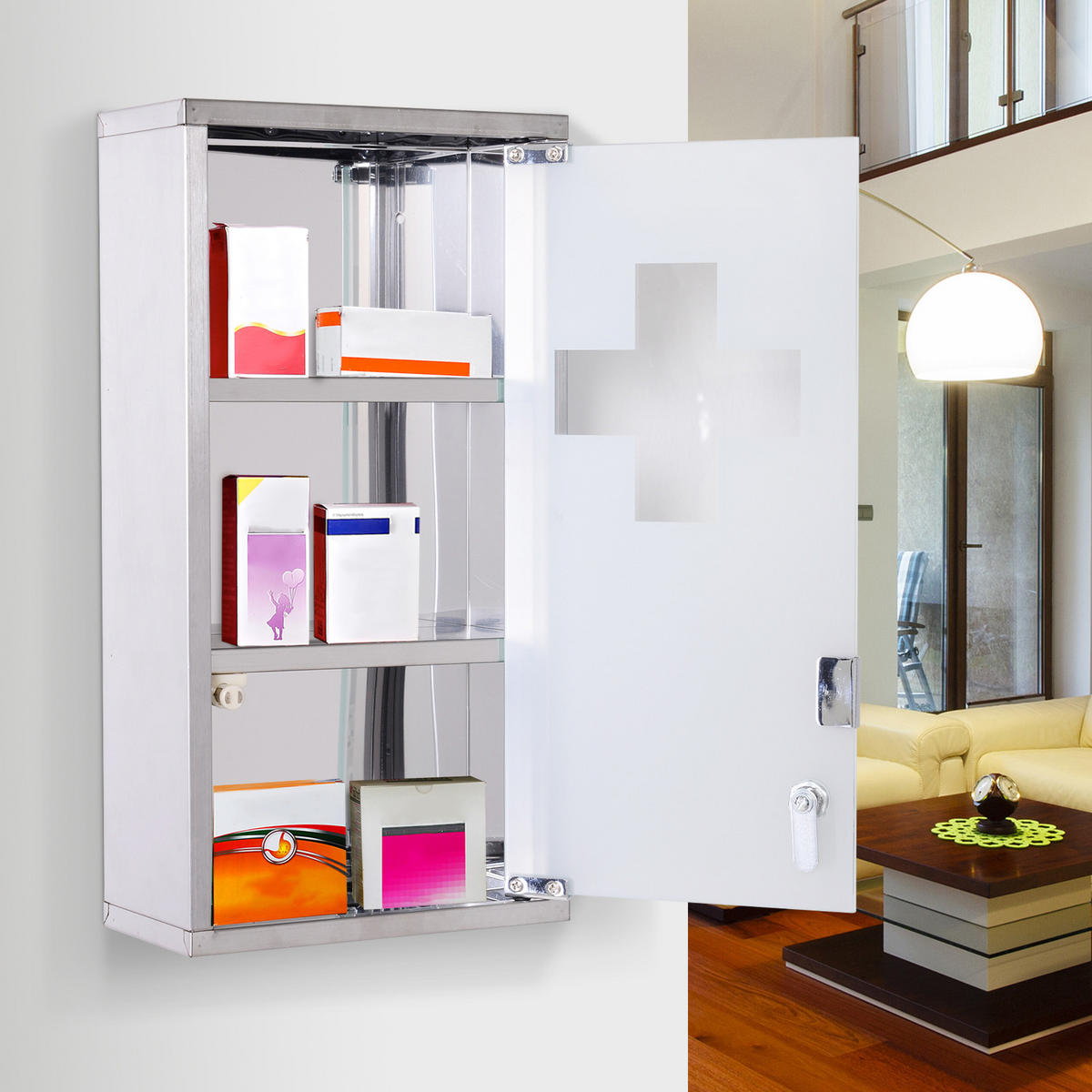MEDIZINSCHRANK Arzneischrank Erste-Hilfe-Schrank mit Schloss 3 Fächer Stahl - Silberfarben, Glas (12/48/25cm) - HOMCOM