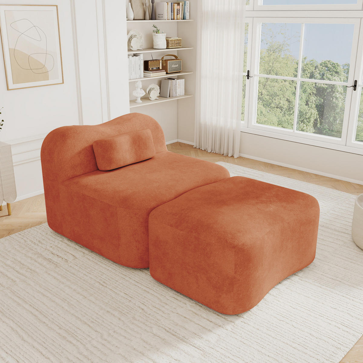 POHOVKA s taburetom zo zamatu v oranžovej farbe - oranžová, textil (167/70/96cm) - Flora Grace