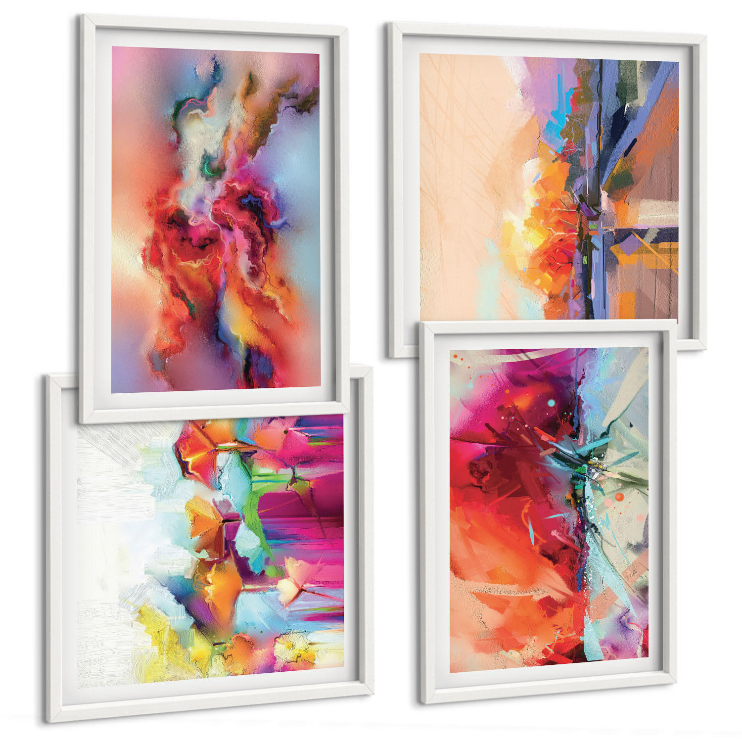 BILDER SET 4er Set - 50x50 cm & 40x60 cm Weißer Rahmen - Farbenfrohe Abstraktionen der Form - Weiß, Kunststoff (50/50cm) - TULUP