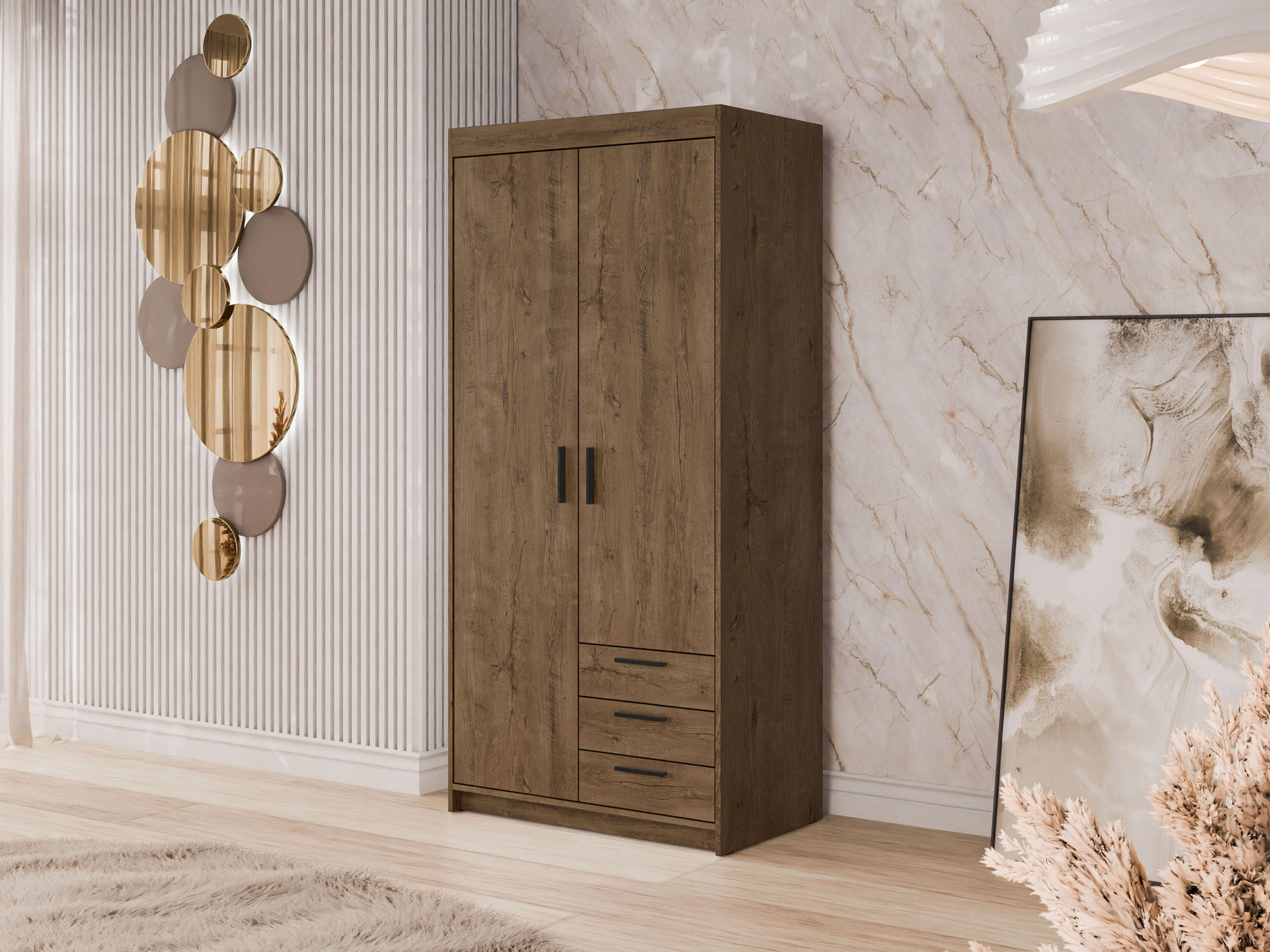 KLEIDERSCHRANK Elena 2D3S - Eichefarben/Schwarz, Holzwerkstoff/Kunststoff (90/191/53cm) - MIRJAN24