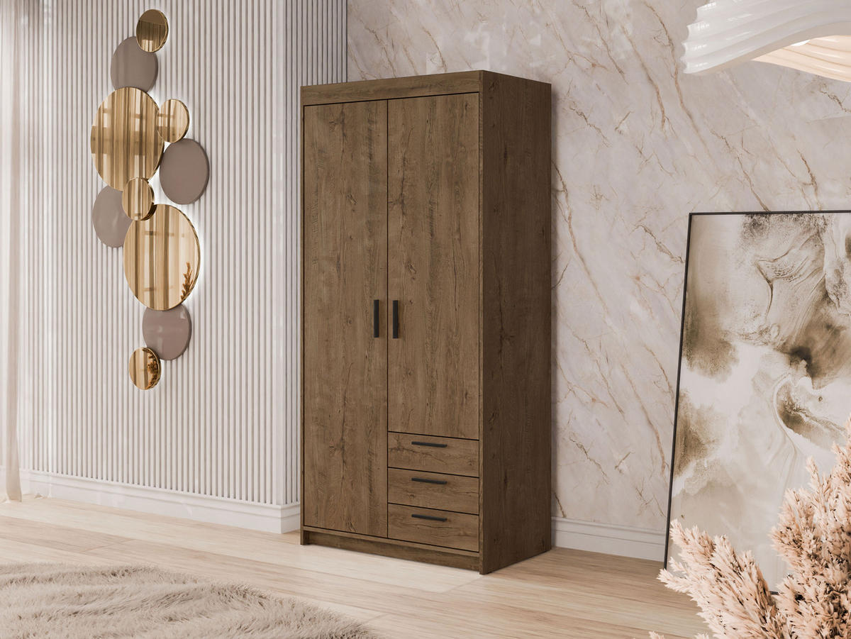 KLEIDERSCHRANK Elena 2D3S - Eichefarben/Schwarz, Holzwerkstoff/Kunststoff (90/191/53cm) - MIRJAN24