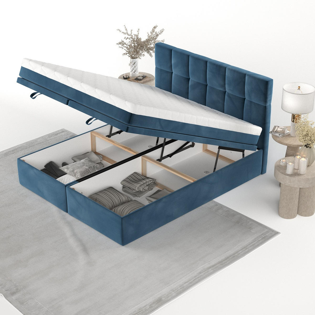 BOXBETT Elano 200/200 cm Dunkelblau im Kronos Stoff - Schwarz/Dunkelblau, Holz/Holzwerkstoff (200/200cm) - AltaBeds