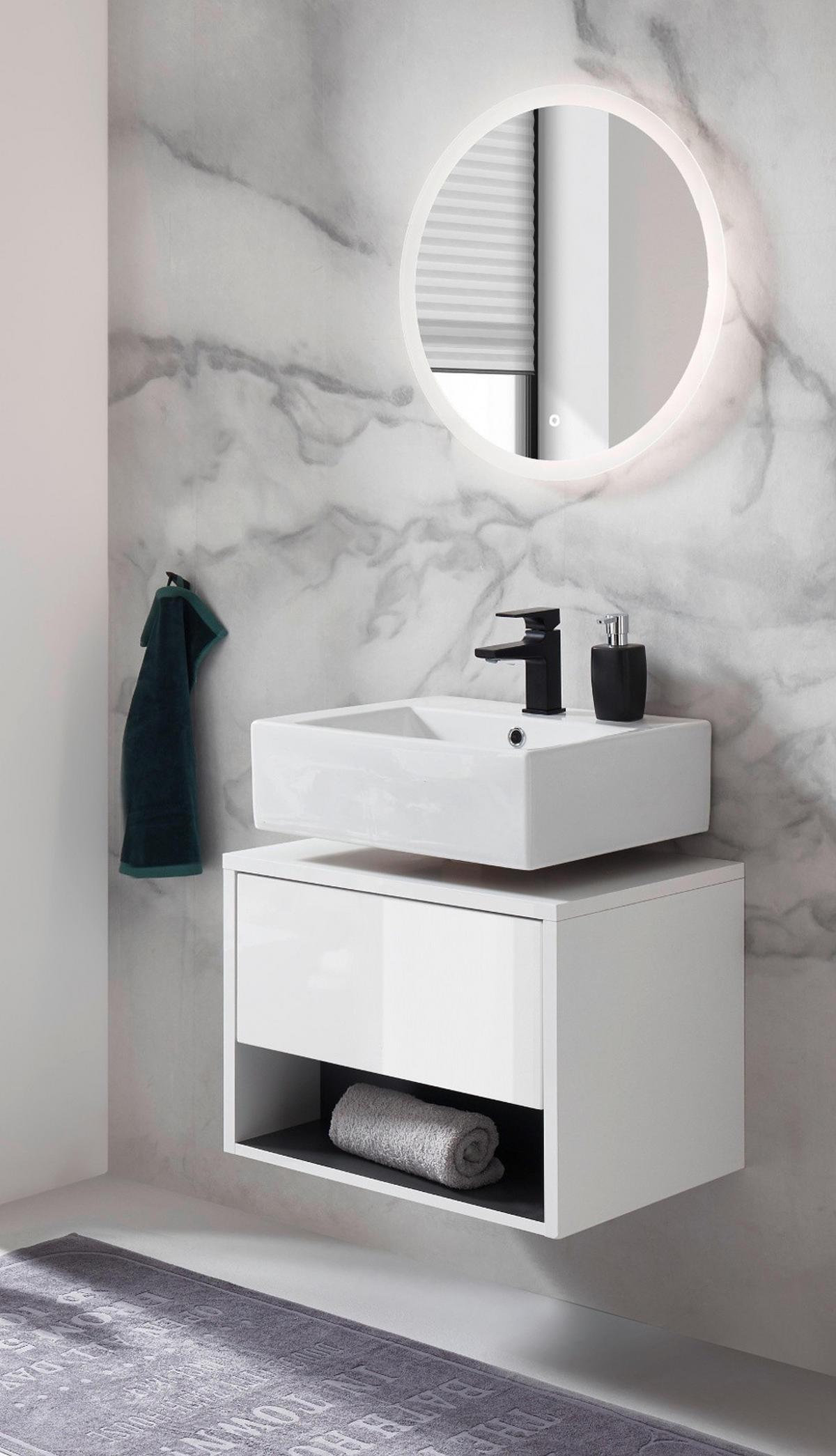 BADMÖBEL Set 2-teilig in weiß Hochglanz und grau mit LED Beleuchtung 60 x 190 cm Glide - Weiß Hochglanz/Grau, Glas/Holzwerkstoff (60/190/46cm) - Furn.Design