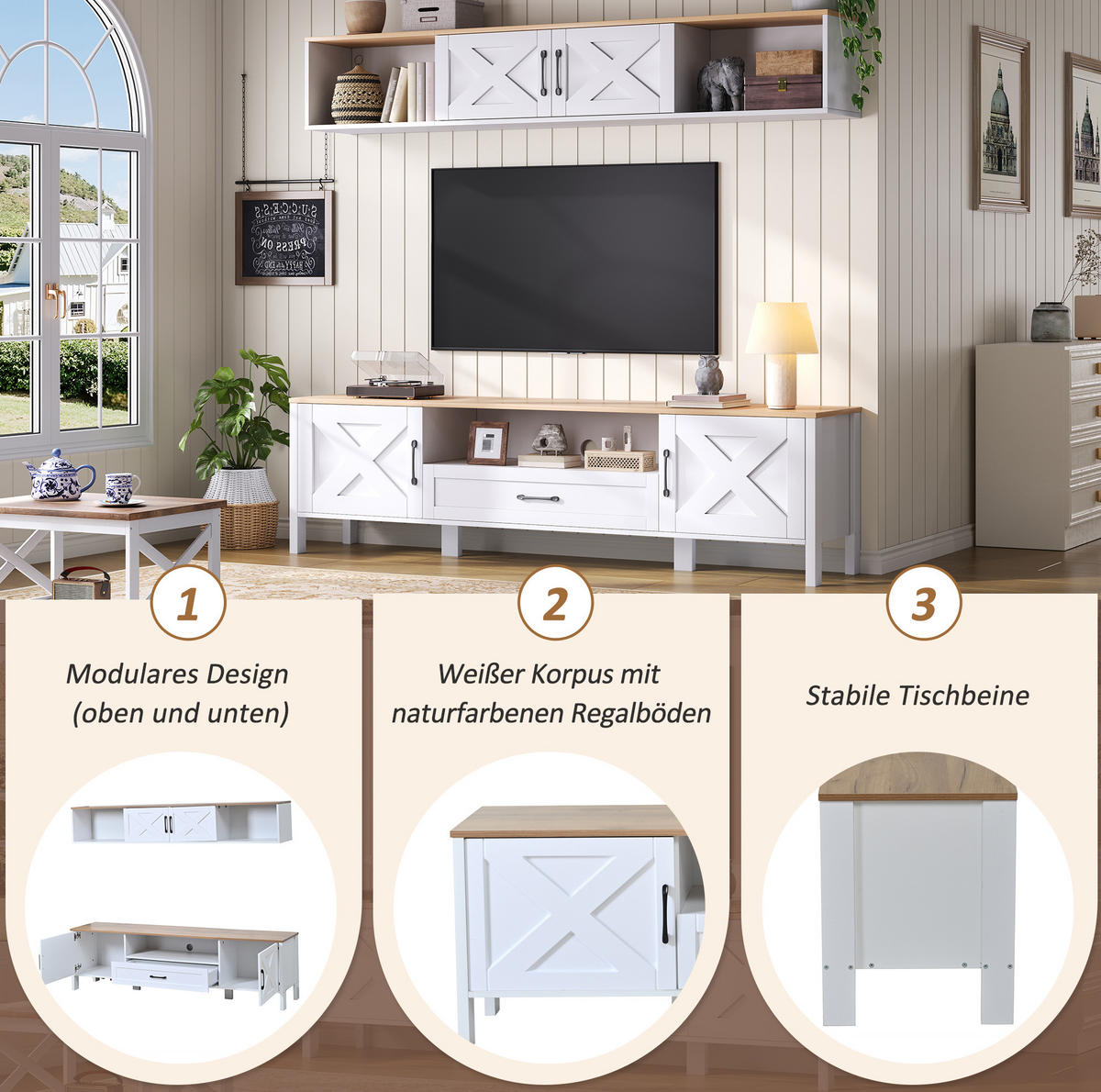 TV set za dnevni boravak 180/40/50 cm bijeli od MDF-a s visećom vitrinom i 4 ormarića - bijela, drvni materijal (180/50/40cm) - OKWISH