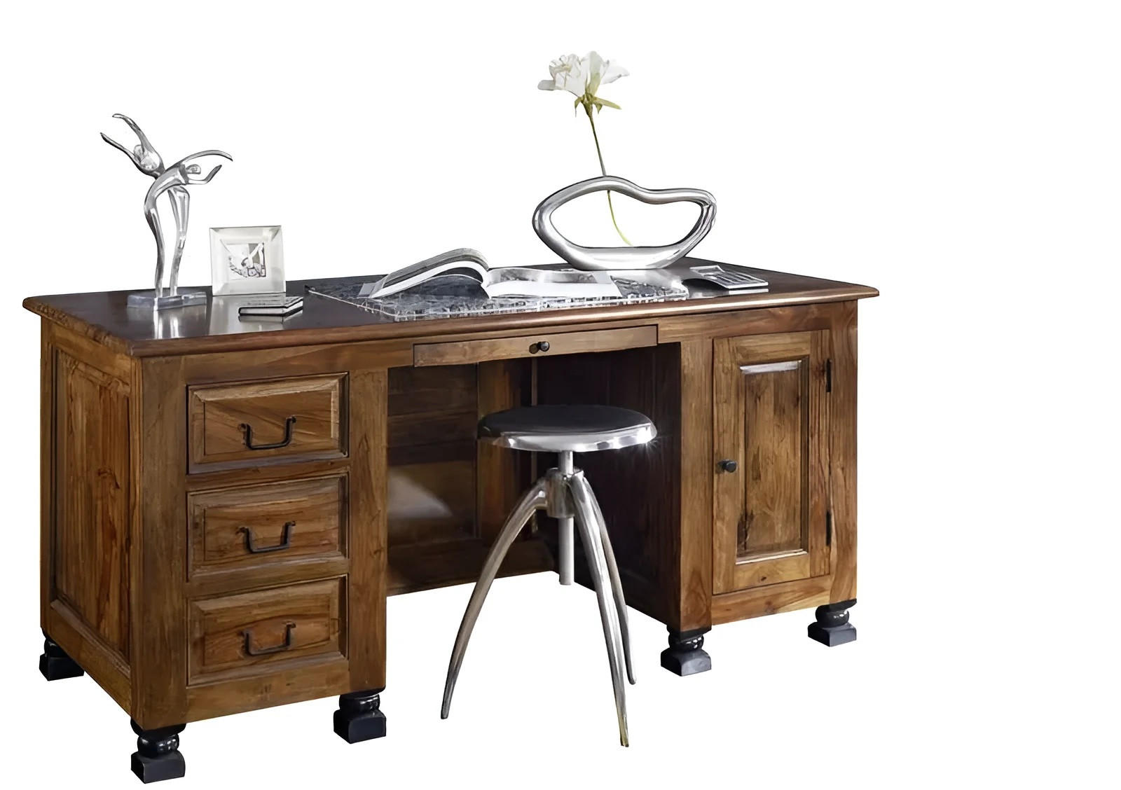 SCHREIBTISCH Sheesham 150x70x75 braun lackiert NEW BOSTON #205 - Braun, Holz (70/150/75cm) - Massivmoebel24