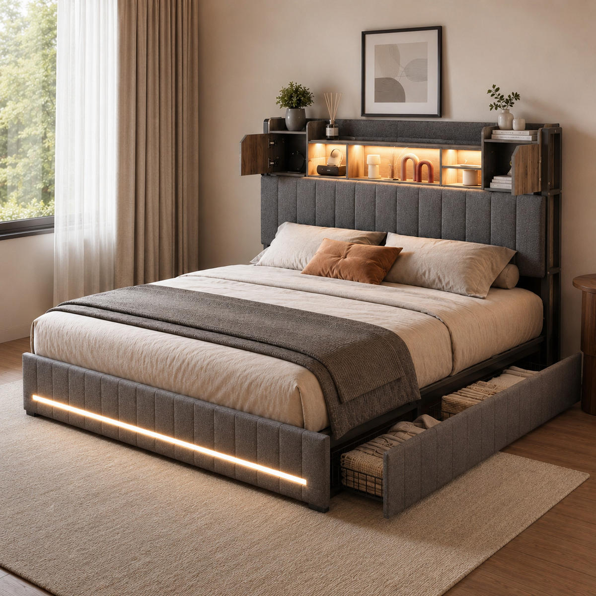 POLSTERBETT 140/200 cm mit Bücherregal-Kopfteil, USB-Anschluss, LED-Beleuchtung & Stauraum-Schubladen, Metallrahmen, Lattenrost inklusive - Anthrazit, Holz/Metall (140/200cm) - Joyfair