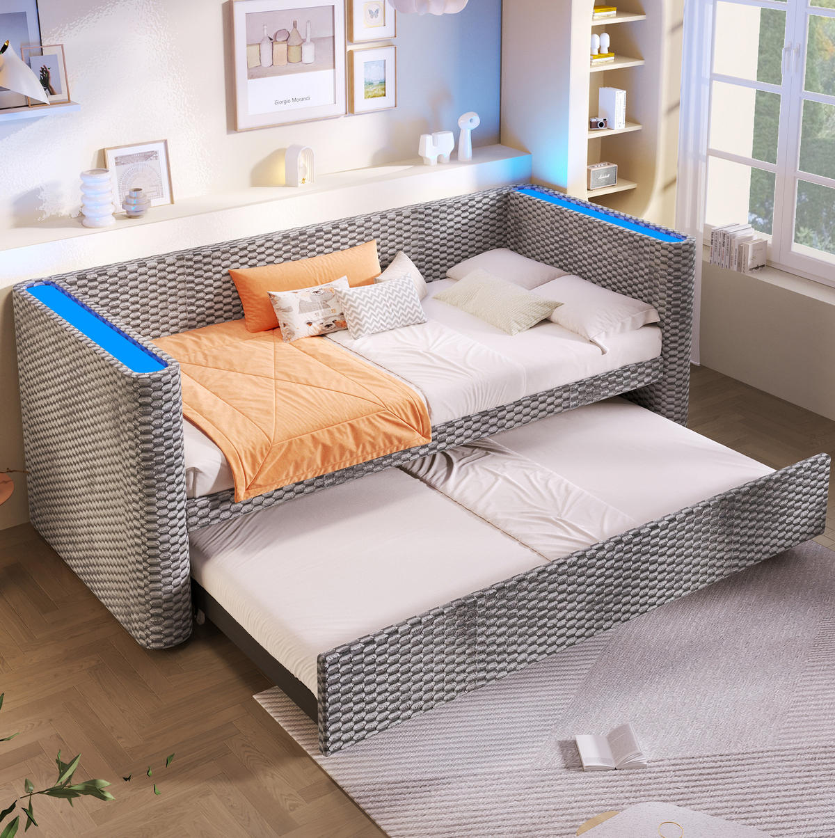 AUSZIEHBETT 90/200 cm Grau aus Samt mit LED-Beleuchtung klappbar zum Doppelbett 180/200 cm - Grau, Textil (90/200cm) - OKWISH