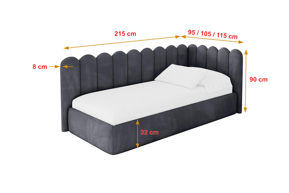 EINZELLBETT Jugendbett mit Bettkasten, Links - ARTY 80x200 Dunkelgrau - Dunkelgrau, Holzwerkstoff/Textil (80/200cm) - ALTDECOR