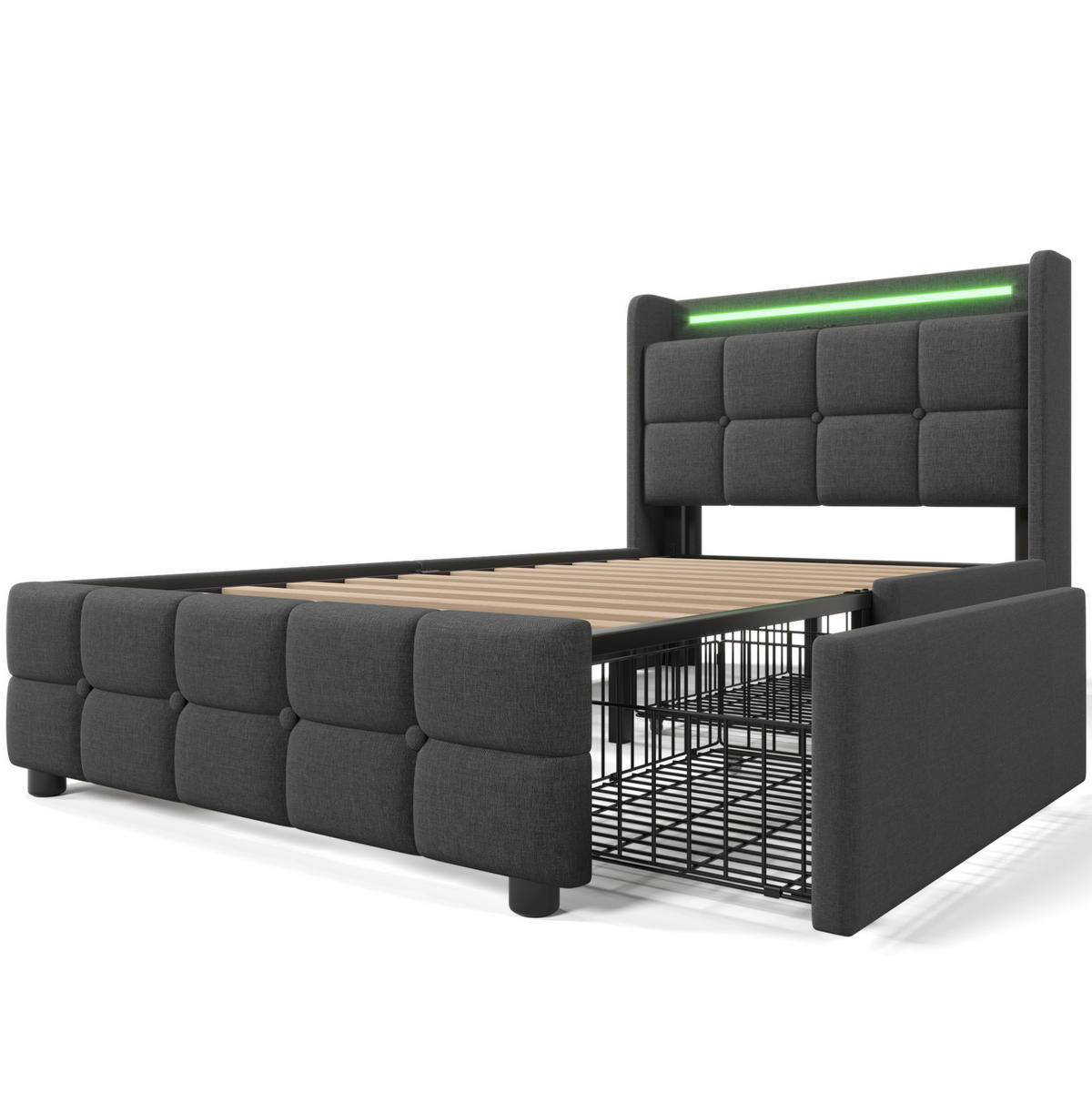 POLSTERBETT mit USB, LED und 2 Schubladen 90x200 cm Grau inkl. Matratze - Grau, Holz (90/200cm) - Meubliv
