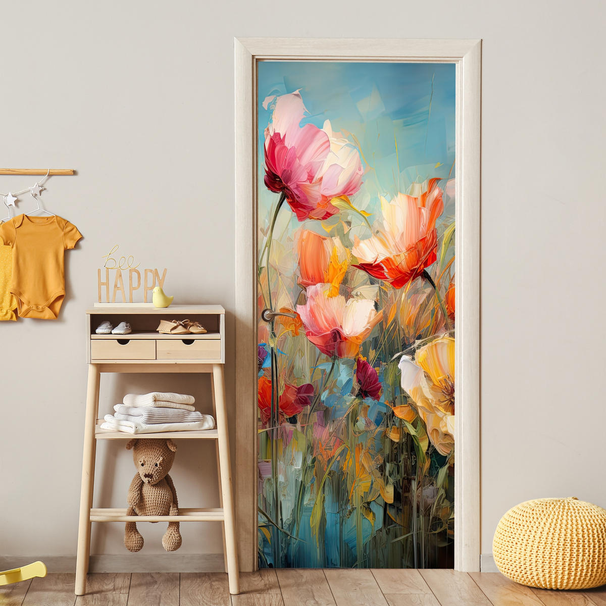 NÁLEPKA NA DVERE Kvety - Akvarel - Umenie - Botanické - Príroda 80x215 cm - oranžová, plast (80/0.1cm) - MuchoWow
