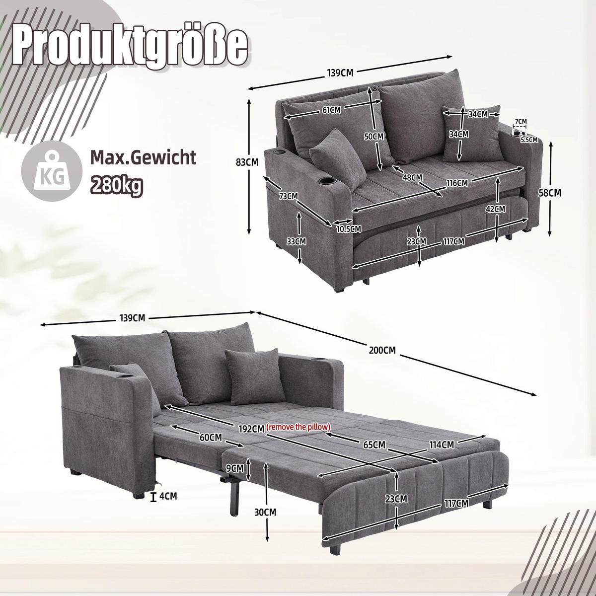 SCHLAFSOFA aus chenille mit bettfunktion, usb-anschluss & becherhaltern - Grau, Textil (139/83/73cm) - Urban Meuble