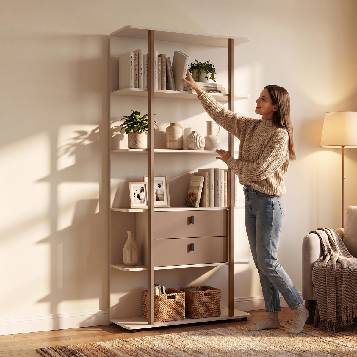 BÜCHERREGAL Boreo aus Metall mit 2 Schubladen, 90 cm, Kaschmir+Hellbraun - Kaschmir/Hellbraun, Metall (90/200/26cm) - Beautysofa