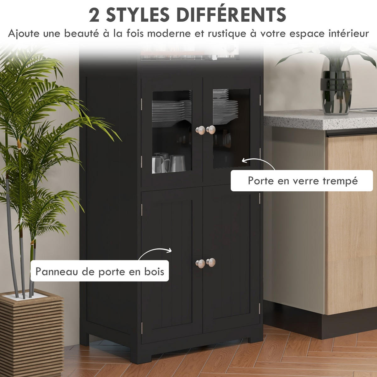 HIGHBOARD DE-11098 2 Glastüren Schwarz - Schwarz, Holzwerkstoff (30/162/60cm) - ComfortXL