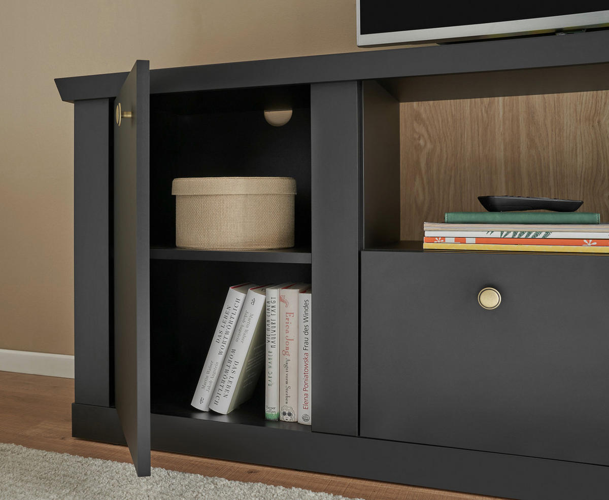 WOHNWAND schwarz matt, Eiche 3-teilig 301 cm, Wohnkombination mit Soft-Close - Eichefarben/Messingfarben, Glas/Holzwerkstoff (301/200/42cm) - Furn.Design