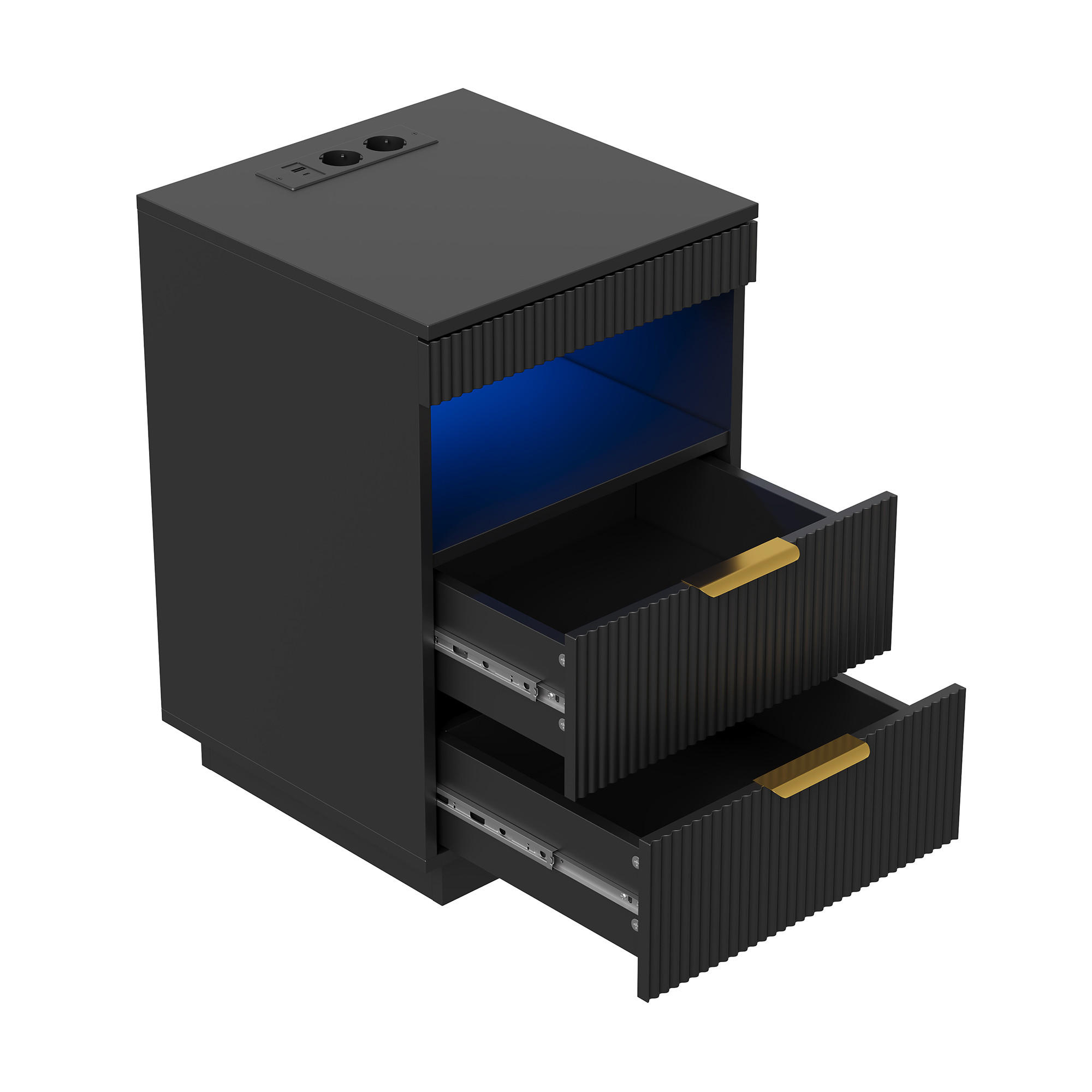NACHTSHRANK Schwarz mit LED-Beleuchtung, Steckdose, USB & Type-C, Nachttisch mit 2 Schubladen, 40/40/60 cm - Goldfarben/Schwarz, Holz/Metall (40/60/40cm) - BPKADHY