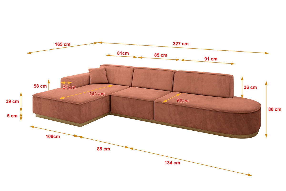 ECKSOFA Ottomane Links IREA-L2-v2 - 327x165x80 cm Apricot - Koralle, Holzwerkstoff/Textil (327/165cm) - ALTDECOR