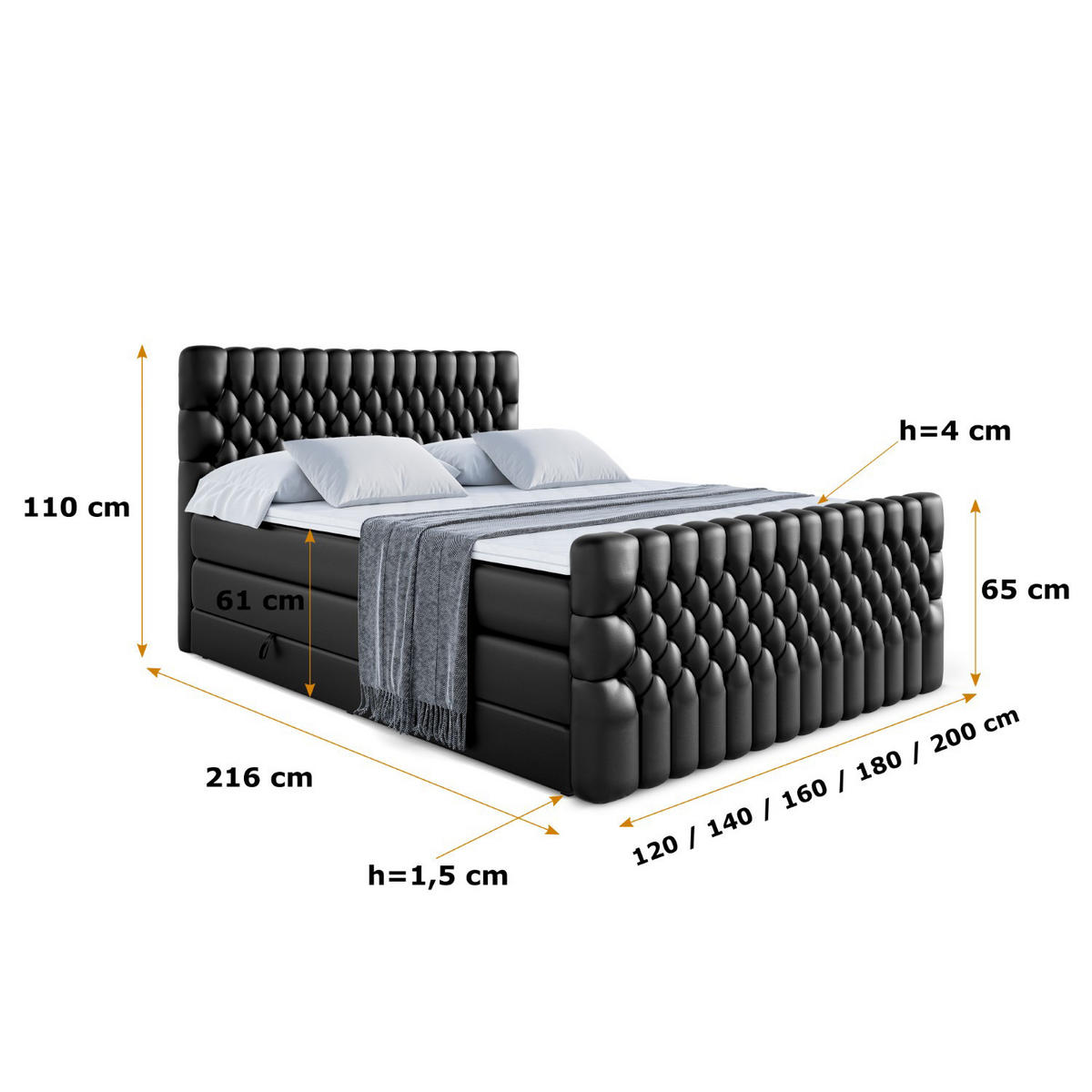 BOXSPRINGBETT SERENE-Z KING - 140 x 200 - H3/H4 - Schwarz Hochglanz - Schwarz Hochglanz, Holzwerkstoff (140/200cm) - ALTDECOR